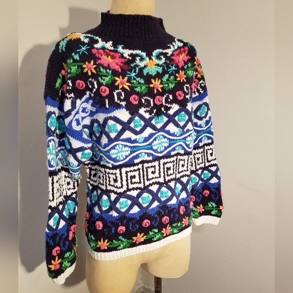 VINTAGE HAND KNIT SWEATER JENNIFER REED CHUNKY 90S SIZE M 🌺 FLORAL GEOMETRIC 3D - Picture 6 of 11